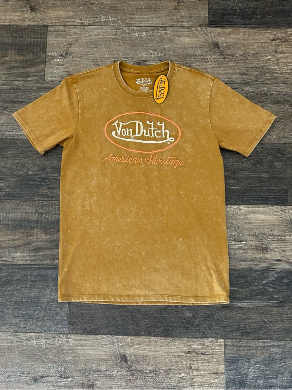 NWT Von Dutch "Embroidered Lettering' size Small Washed T-shirt Brown - Picture 2 of 5